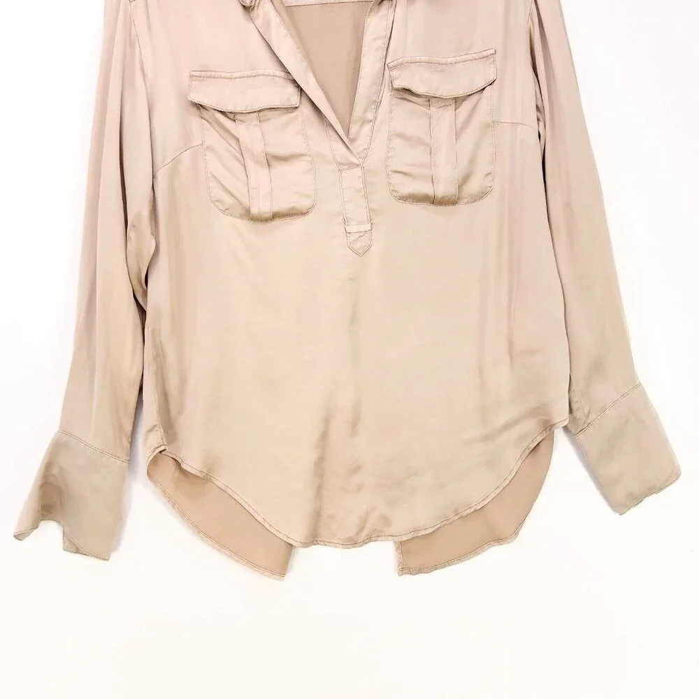 Anthropologie Sleek Satin Top V-Neck Long Sleeve Blouse Size Small Open Back - Picture 5 of 13